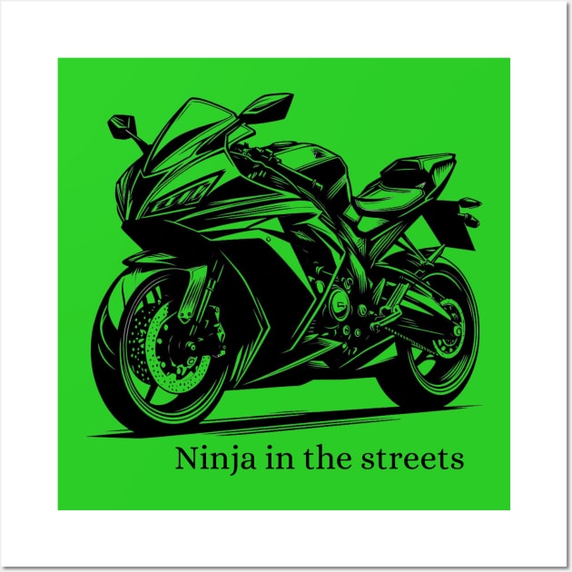 Ninja In The Streets Motorbike Black Work Minimalist Ink Wall Art by BlackWork